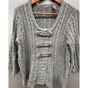 Womens Sweater XL Gray Scoop Neck 3/4 Sleeve Flared‎ Cable Knit Military Buttons